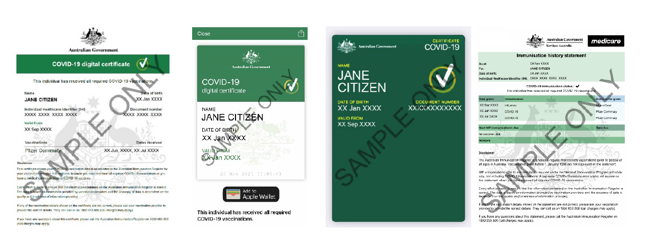 COVID Immunisation Certificate Samples